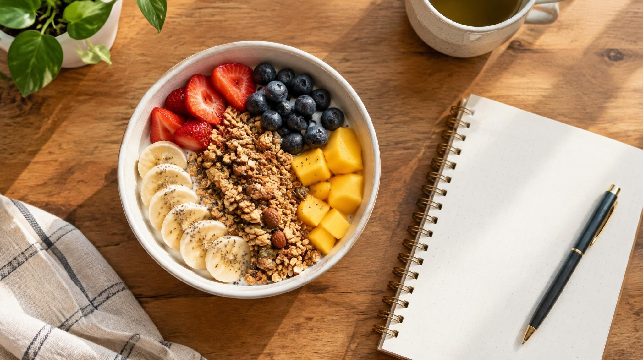 Top-down view of a healthy breakfast bowl and notebook